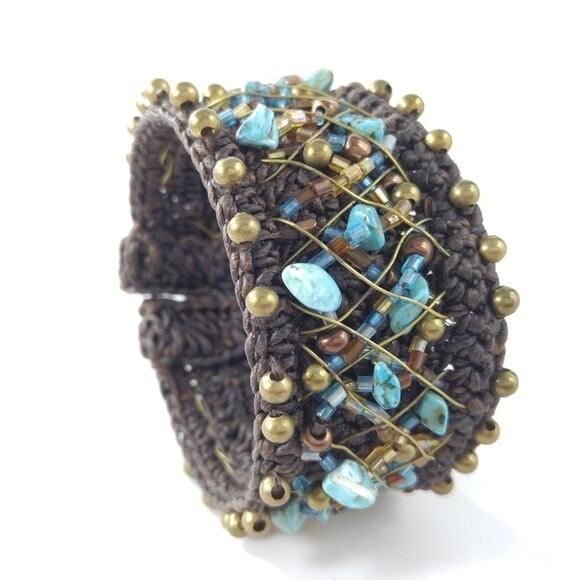 Wide Cuff Brown Bracelet Blue Gemstones & Seed Beads - Picture 3 of 8